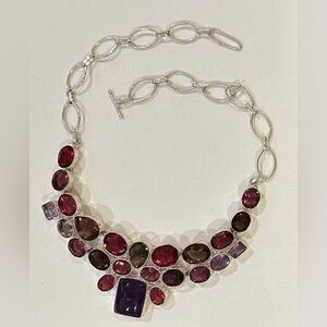 Elegant Silver, Amethyst & Semi-Precious Stones Statement Necklace.  20 in.